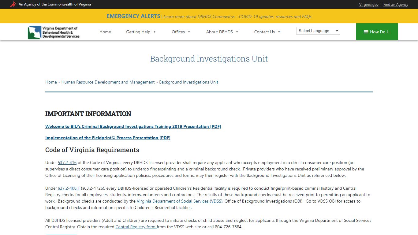 Background Investigations Unit - Virginia Department of Behavioral ...